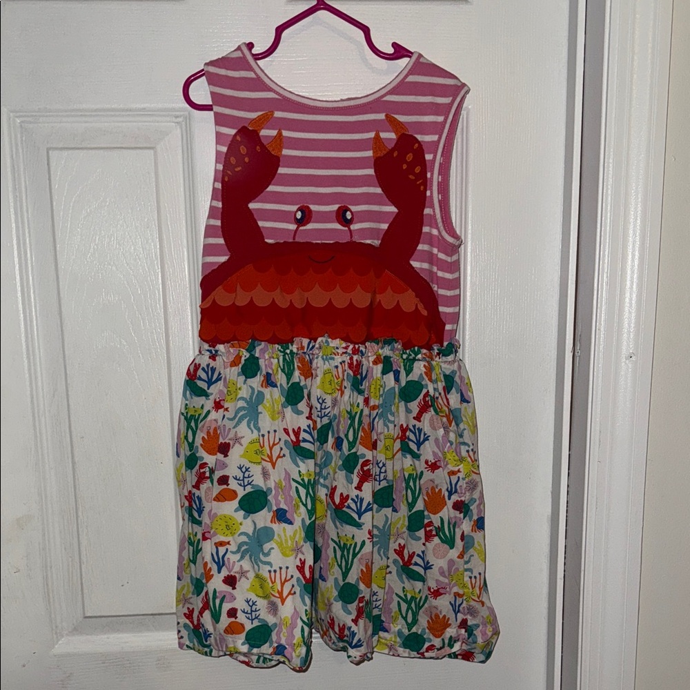 Mini Boden Pink and White Striped Dress with Crab Design